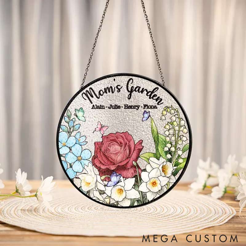 Personalized Birth Flowers Grandma's Garden Stained Glass Suncatcher with Name for Gardening Lovers