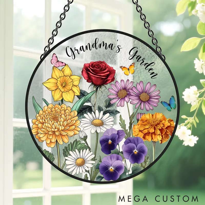 Personalized Family Birth Flowers Glass Suncatcher Home Decor with Name for Gardening Lovers