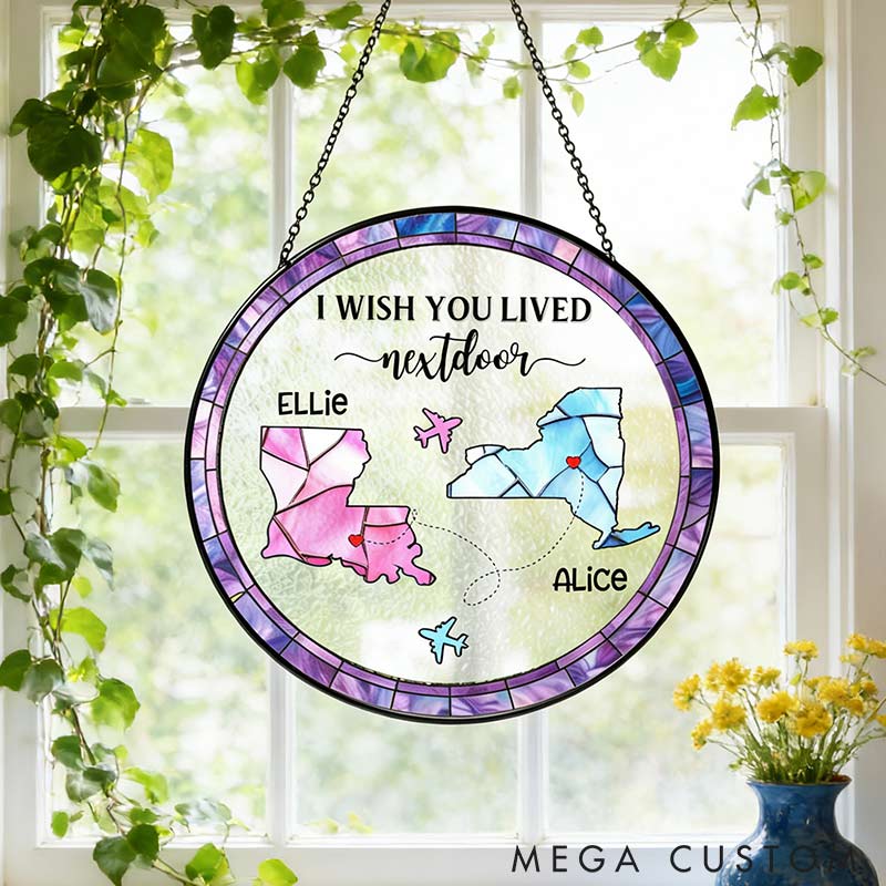 Personalized Long Distance Friendship Stained Glass Suncatcher Two Countries Ornament for Traveling Lovers 