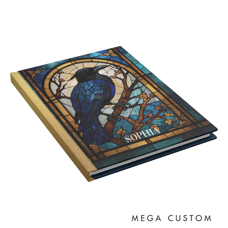 Personalized Faux Stained Glass Raven Hardcover Journal Witchy Notebook Magic Lover Gift Manifestation Spell Book