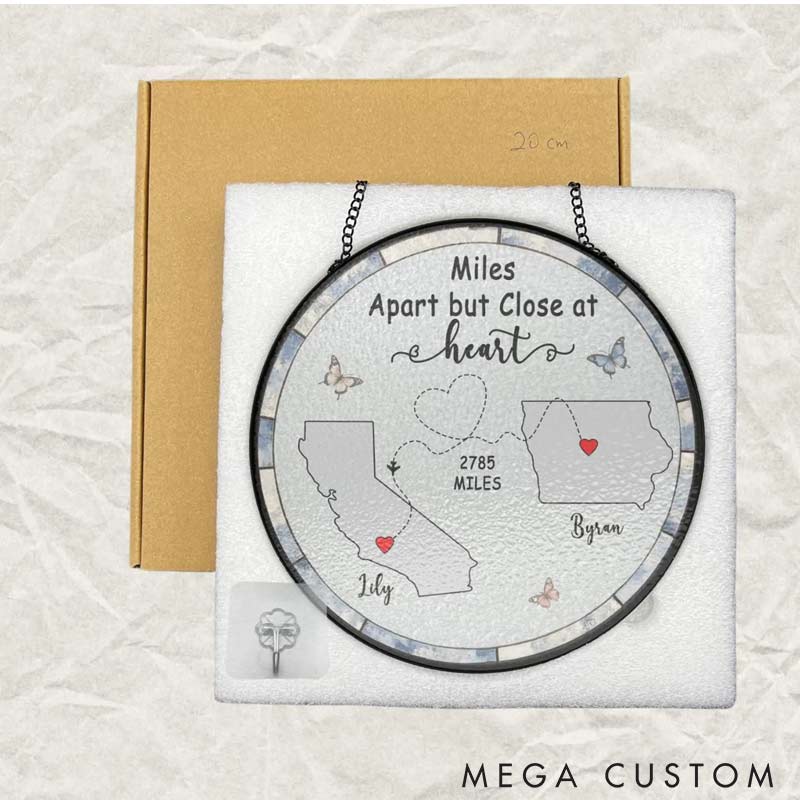 Personalized Long Distance Friendship Relationship Stained Glass Suncatcher Miles Apart Keepsake for Traveling Lovers 