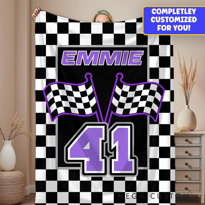 Personalized Racing Gifts Custom Name and Number Blanket with Checkerboard Flag Design Black and White Throw for Racing and Car Lovers