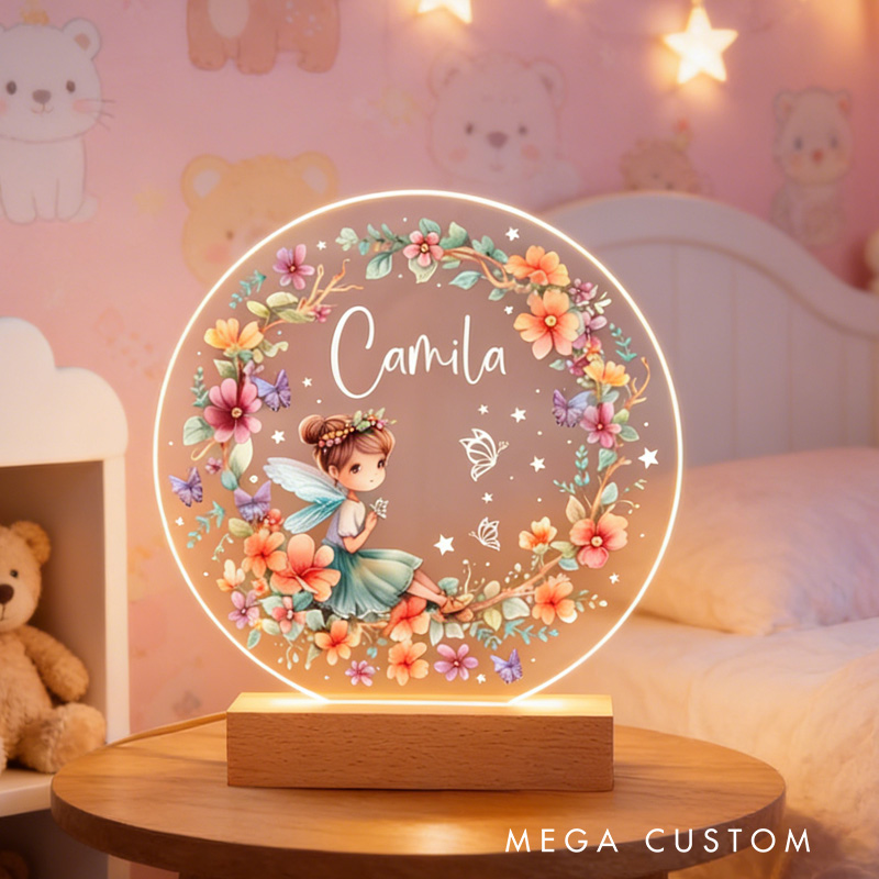 Personalized Fairy LED Night Light Floral Butterfly Lamp with Name for Kids Girls Gardener Floral Light Gardening Gift