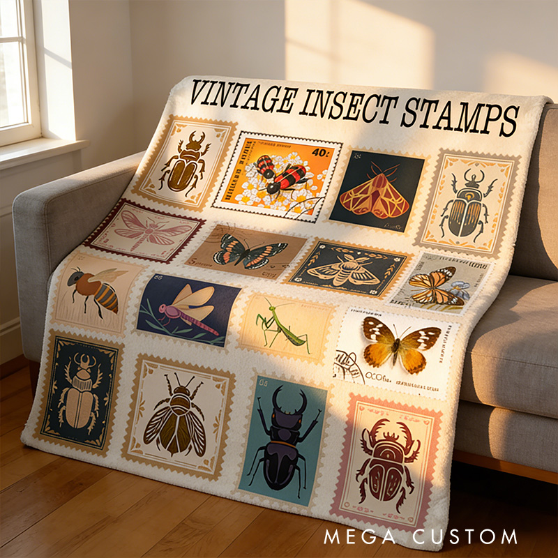 Personalized Vintage Insect Stamps Blanket Retro Bugs Kid Blanket Vintage Entomologist Blanket Outdoor Nature Enthusiasts Gift