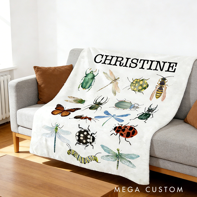 Personalized Insect Collection Blanket Retro Bugs Kid Vintage Entomologist Blanket Outdoor Nature Enthusiasts Gift