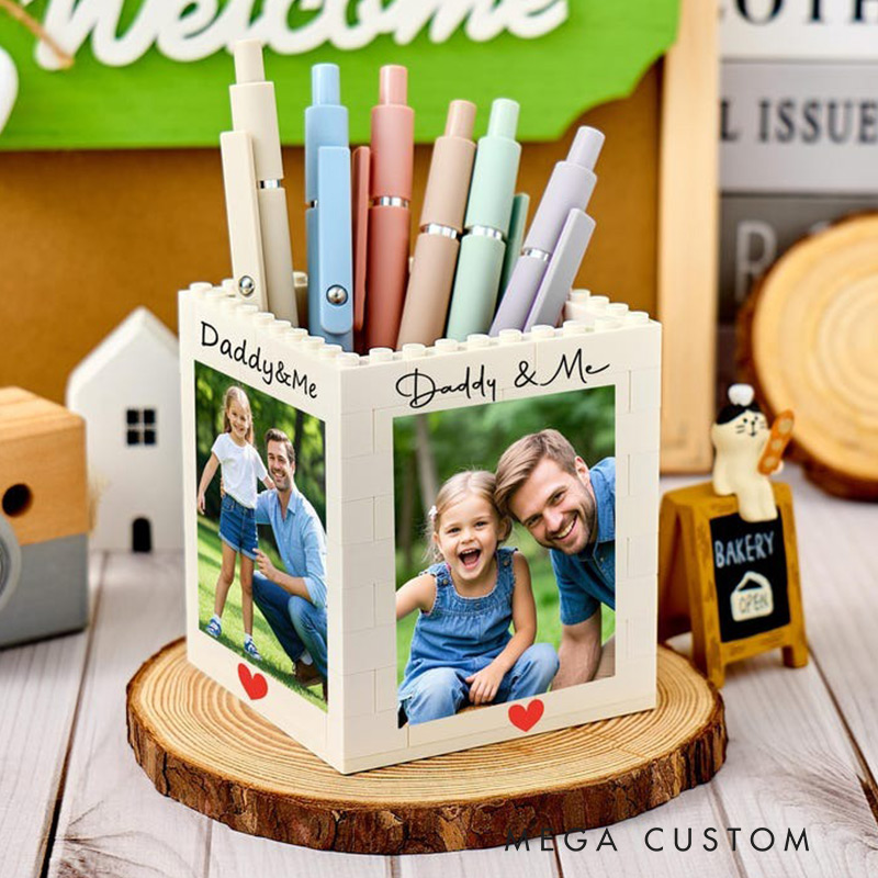 Personalised Daddy & Me Brick Photo Block Pencil Pot Brick-Inspired Organizer Customized Photo Block Pencil Holder Gifts for Dad Kids Children Student