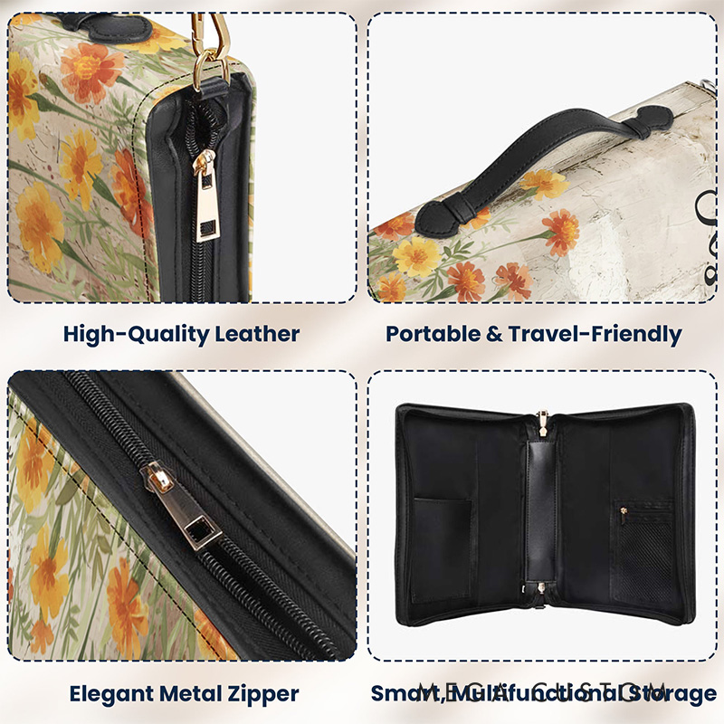 Personalized Watercolor Birth Flower Cross PU Leather Bible Cover Case with Custom Name and Carry Handle Religious Birthday Gift for Christian Women