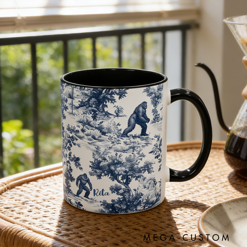 Personalized Toile-Style Mug Cryptid Lover Blue Toile Coffee Cup Paranormal Gift Outdoor Nature Lover Gift