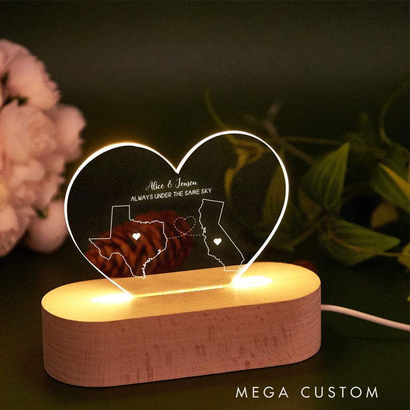 Personalized Two-State Map Night Lamp Long Distance Gift for Traveling Lovers
