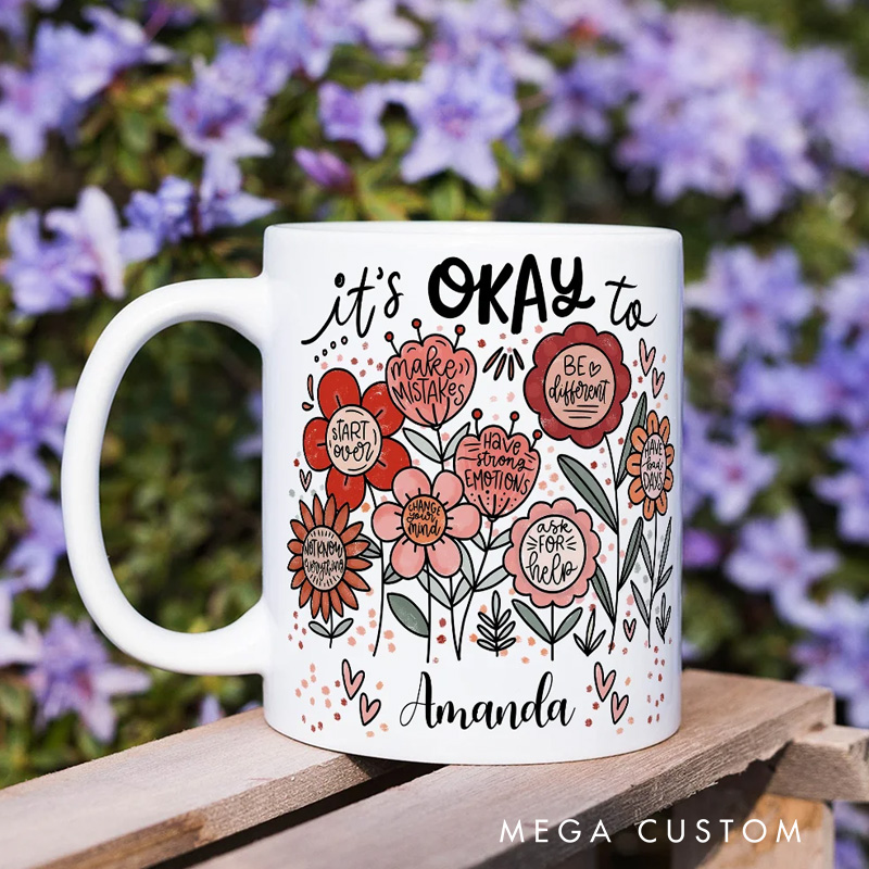 Personalized Flower Mug Custom Floral Positive Inspirational Word Mug with Name Gardening Lover Gift for Gardener Plant Lover