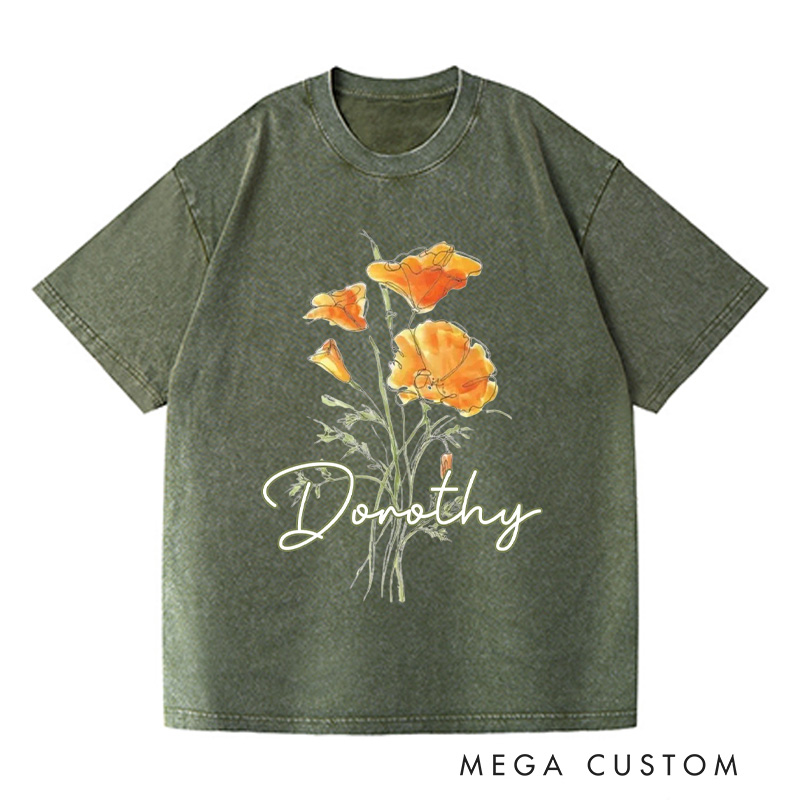 Personalized Golden Poppy Washed T-Shirts Wildflower Shirt Plant Lover Shirt Botanical Shirt California Poppy T shirt Gardening Lover Gift