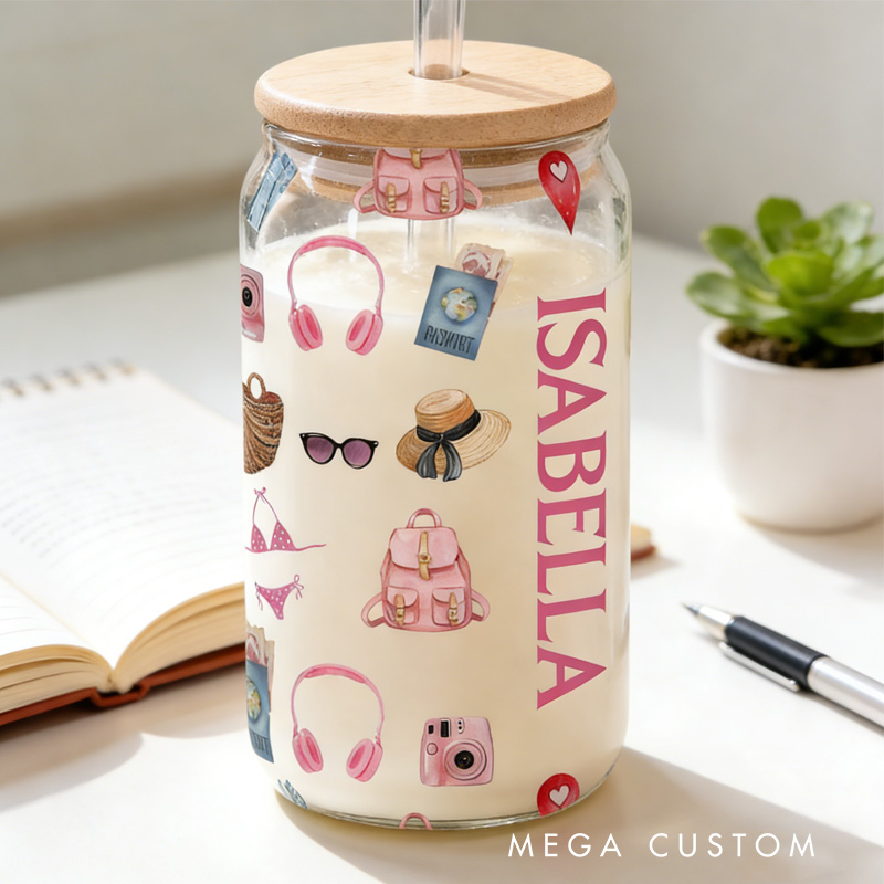 Personalized Just a Girl Who Loves Traveling Glass Tumbler Custom Clear Glass Cup with Lid and Straw for Traveling Lover Girls