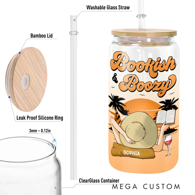 Personalized Bookish and Boozy Glass Tumbler Custom Clear Glass Cup with Lid and Straw for Book Lovers Reader Traveling Lover Girls