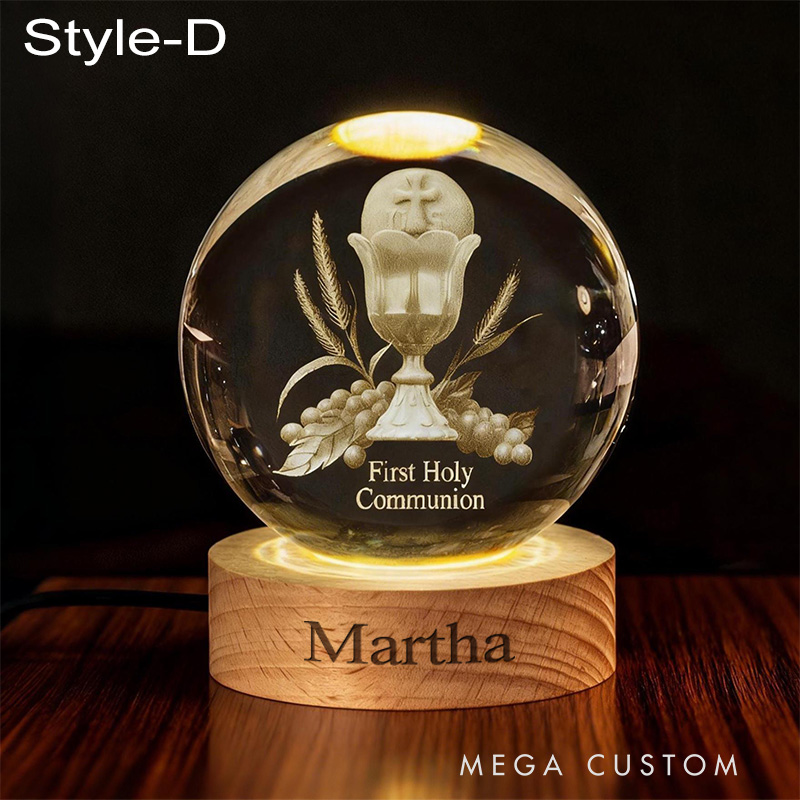 Personalized Cross 3D Engraved Crystal Ball Night Light With Custom Text in Wooden Base Home Decor Jesus Night Lamp Religious Gift Christmas Gift