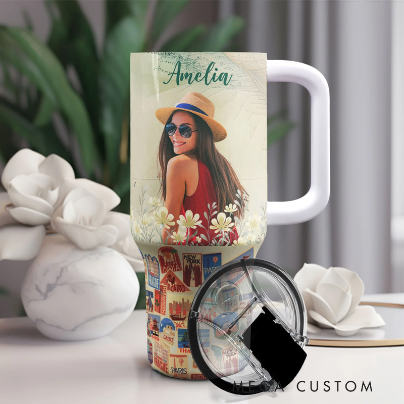 Personalized Photo Travel Tumbler Photo 40oz Tumbler With Straw and Name for Traveling Lover