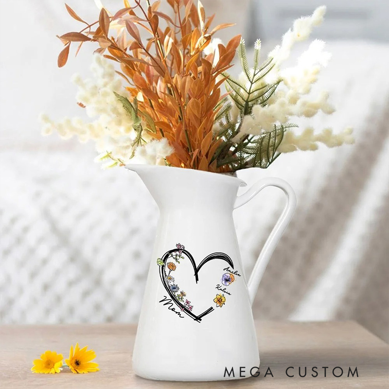 Personalized Names & Birth Flowers Vase with Heart Woman's Ceramic Vase Home Decor Mother's Day Birthday Gift for Mom Grandma