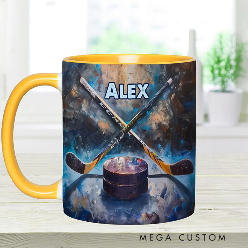 Personalized Ice Hockey Mug with Artistic Stick and Puck Design for Ice Hockey Enthusiasts