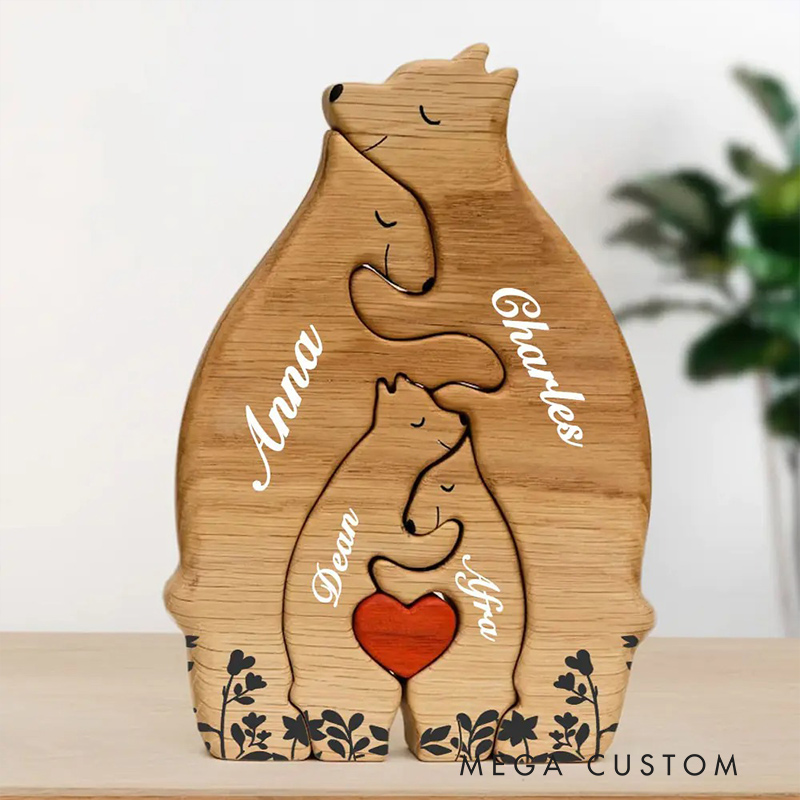 Personalized Wooden Bear Family Puzzle with 2-8 Names & Red Heart, Family Home Decor Family Keepsake Gift Birthday Christmas Gift for Parents Grandma