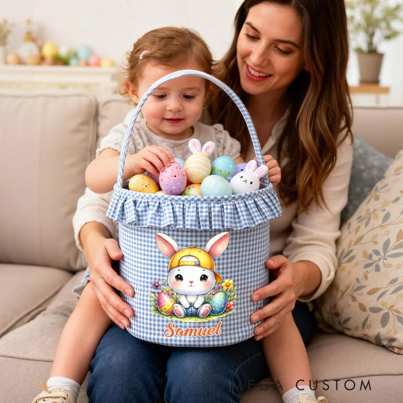 Personalized Cartoon Cute Bunny Chick Reusable Easter Plaid Basket with Name Easter Egg Hunt Easter Party Gift for Kids