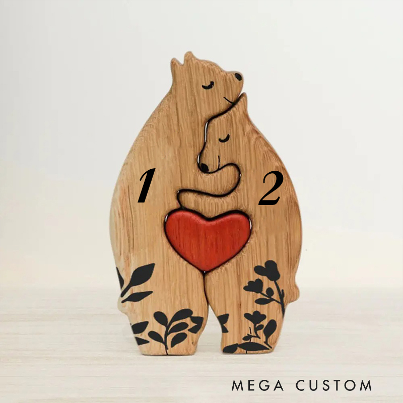 Personalized Wooden Bear Family Puzzle with 2-8 Names & Red Heart, Family Home Decor Family Keepsake Gift Birthday Christmas Gift for Parents Grandma