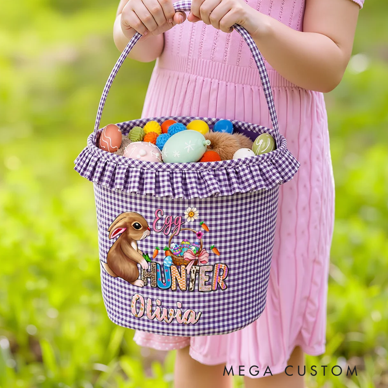Personalized Cute Bunny Camouflage Flower Plaid Easter Basket with Name Easter Egg Hunt Easter Gift for Boys Girls
