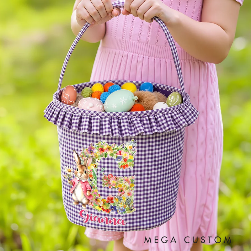 Personalized Cute Flower Peter Rabbit Easter Basket with Name and Initial Easter Eggs Hunting Party Favor Gift for Boys Girls