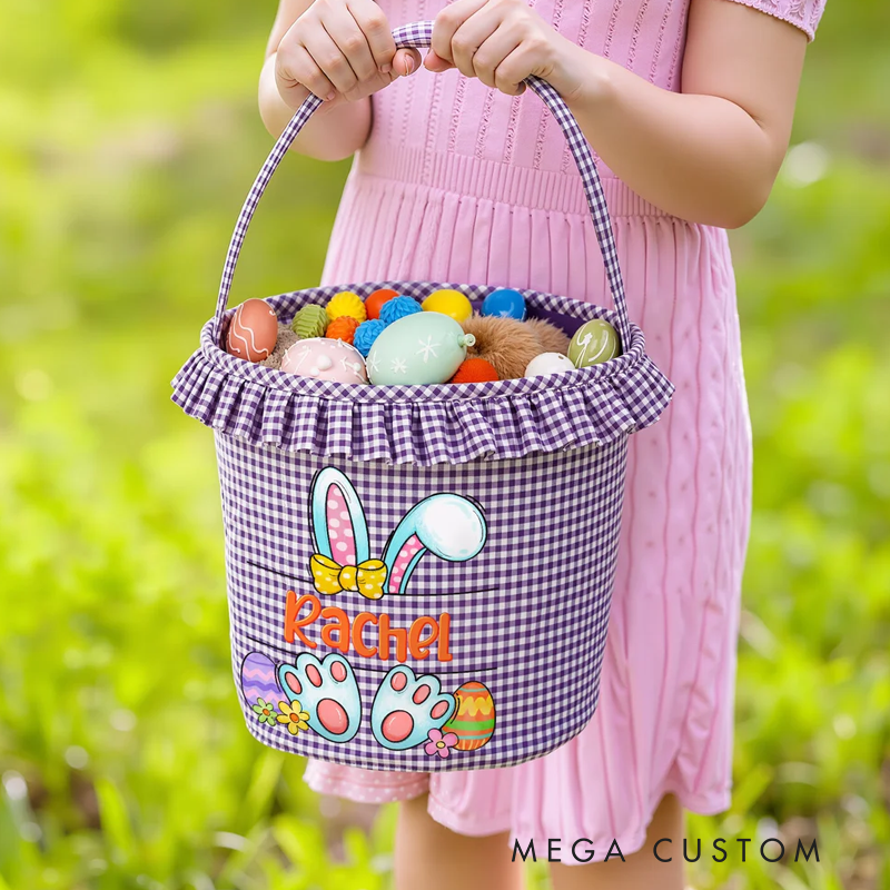 Personalized Multi-Color Cute Peter Rabbit Large Capacity Plaid Easter Basket with Name Easter Egg Hunting Party Favor Gift for Boys Girls