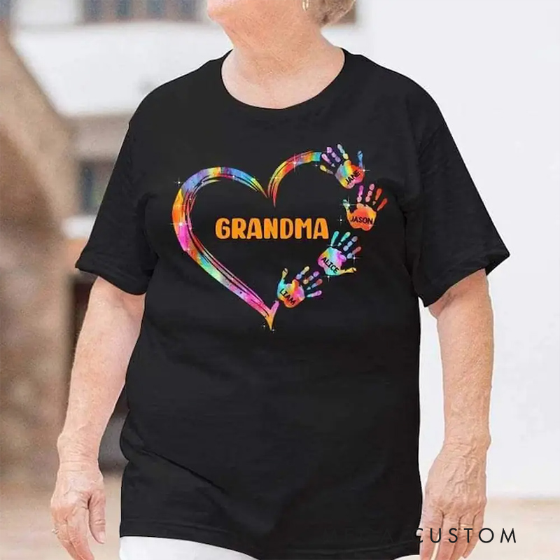 Personalized Colorful Heart Hand Print Shirt Custom Mom Grandma Shirt Grandma Heart And Hand Print Shirt Birthday Mother's Day Gift for Mom Grandma
