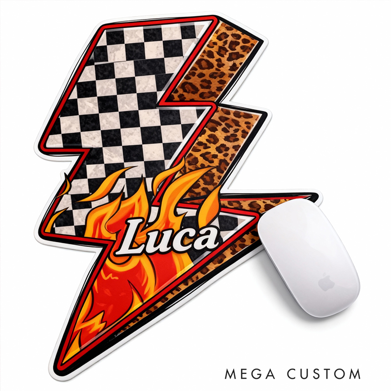 Personalized Racing Gifts Custom Name Lightning Shaped Mouse Pad with Checkerboard and Flame Design for Car Lovers