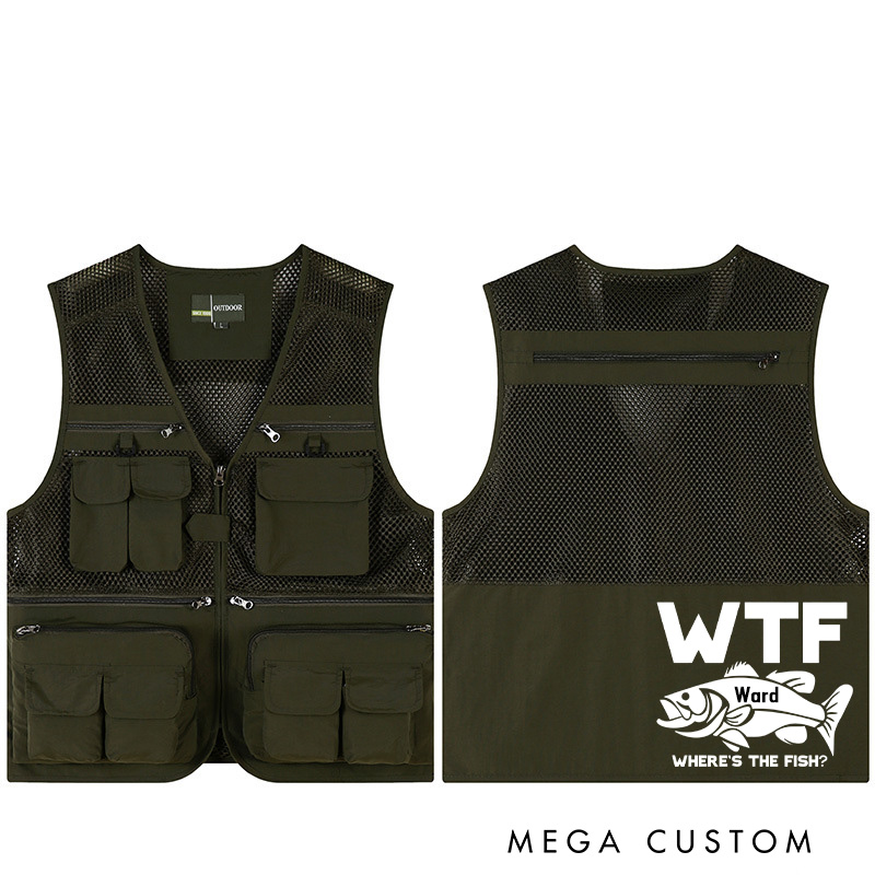 Personalized Wtf: Where's the Fish? Fishing Vest Custom Funny Fisherman Vest Outdoor Fishing Gift for Men Husband