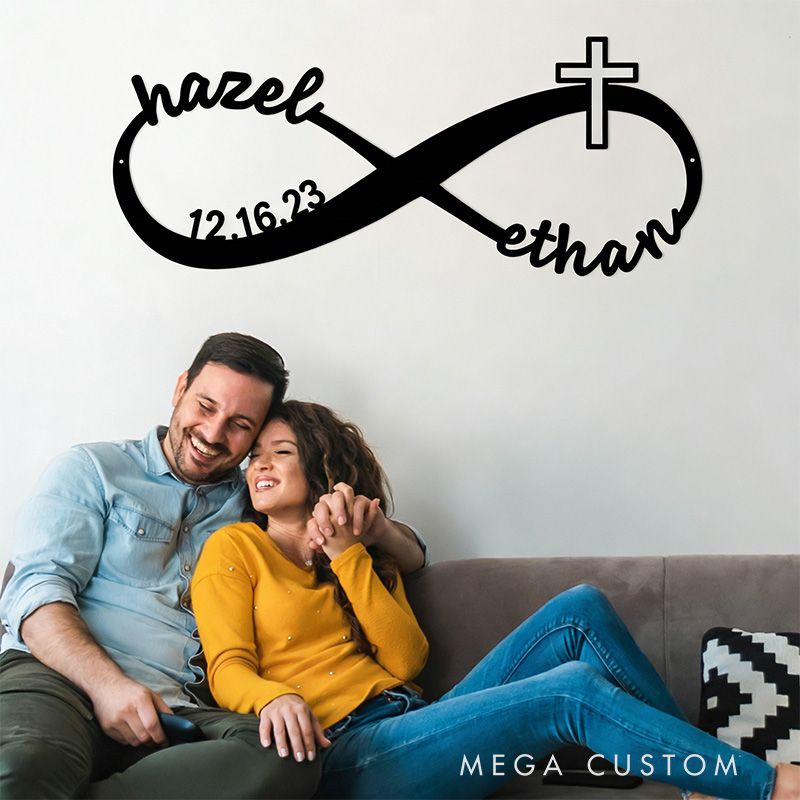 Personalized Infinity with Cross Metal Sign with Custom Names and Date Wall Art Wedding Gift for Couple Anniversary Gift Christian Gift Religious Gift