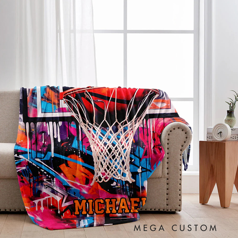 Personalized Basketball Blanket with Custom Name and Graffiti Design for Basketball Enthusiasts