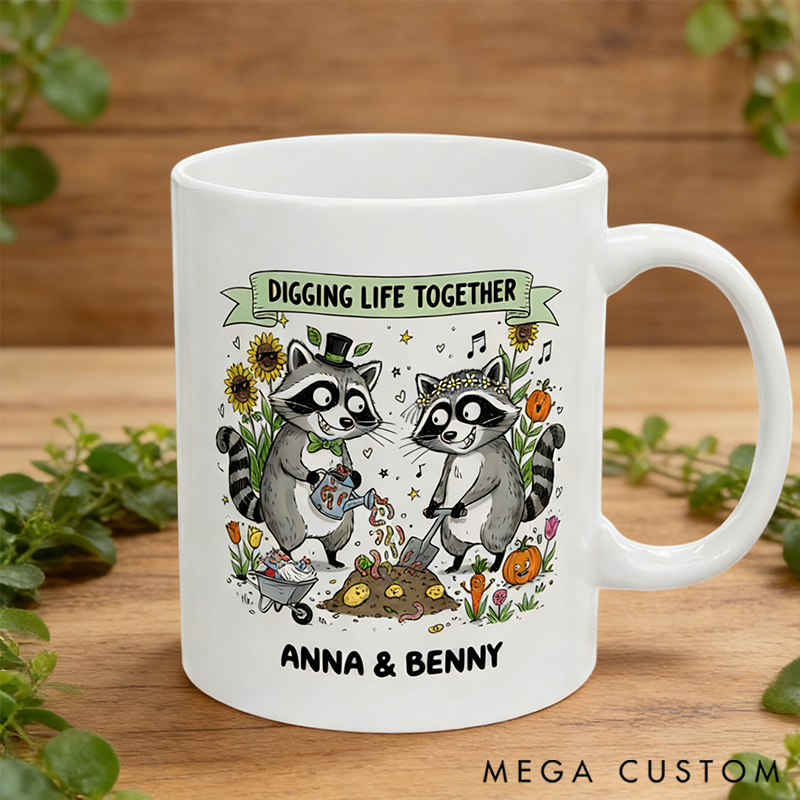 Personalized Raccoon Couple Gardening Mug with Names Cute Animal Love Illustration Custom Romantic Mug Valentine’s Day Gift