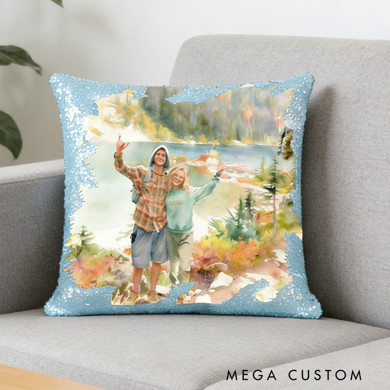 Personalized Watercolor-Style Sequin Photo Pillow Custom Couple Photo Pillow Gifts for Outdoor Couple Hiking 