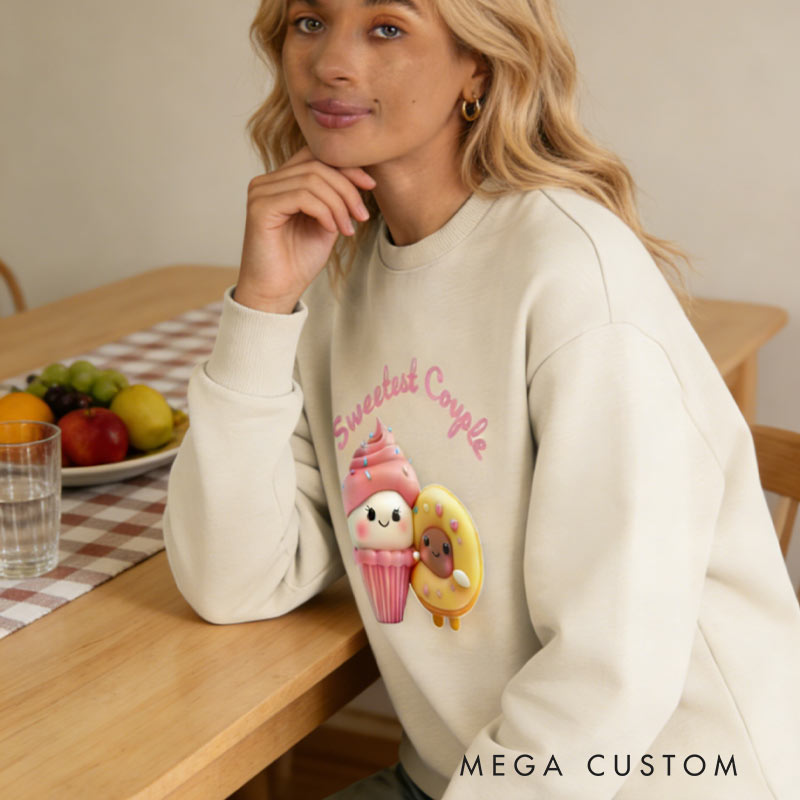 Personalized Sweetest Couple Kawaii Cupcake and Donut Cute Valentine's Day Dessert Sweatshirt for Baking Lovers