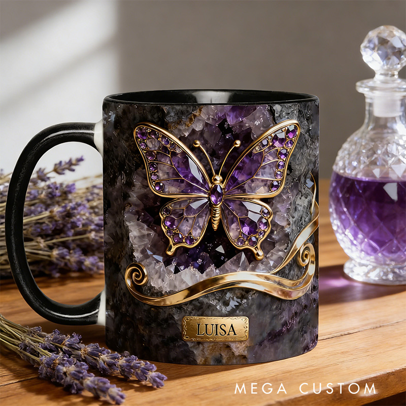 Personalized 2D Flat Magical Purple Crystal Butterfly Mug Coffee Mug Magic Lover Mug Witchcore Gift Coffee Mug