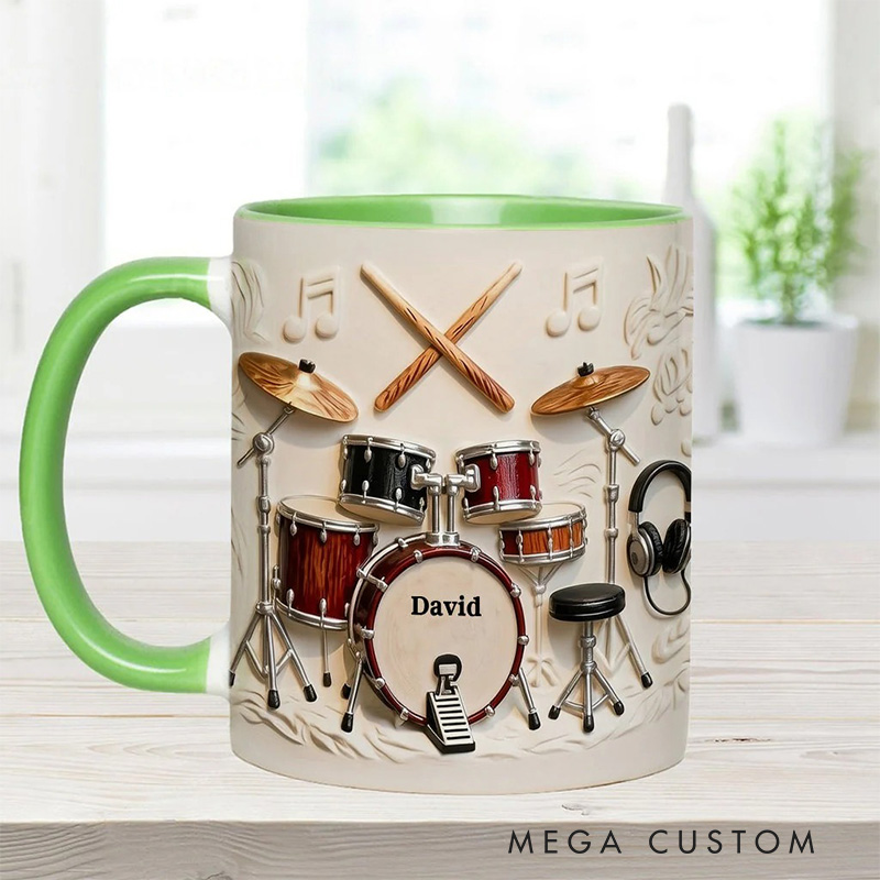 Personalized 2D Flat Name Awsome Drumer Accent Mug Custom Drum Themed Mug for Music Lovers