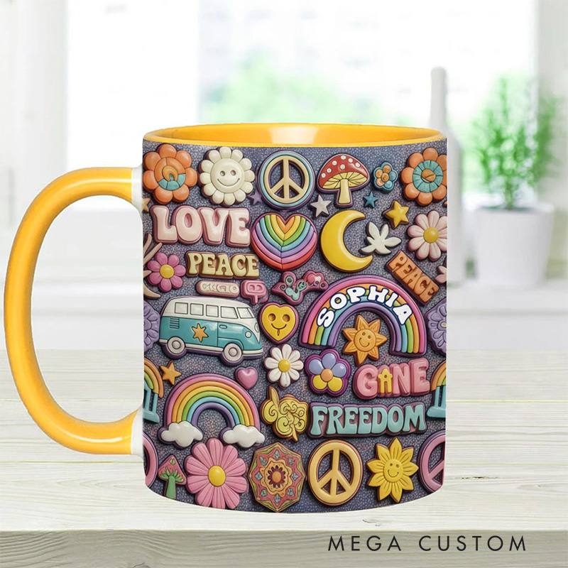 Personalized 2D Flat Hippie Living In Peace Mug Custom Name Colorful Hippie Car Hippie Coffee Mug Bohemian Coffee Mug