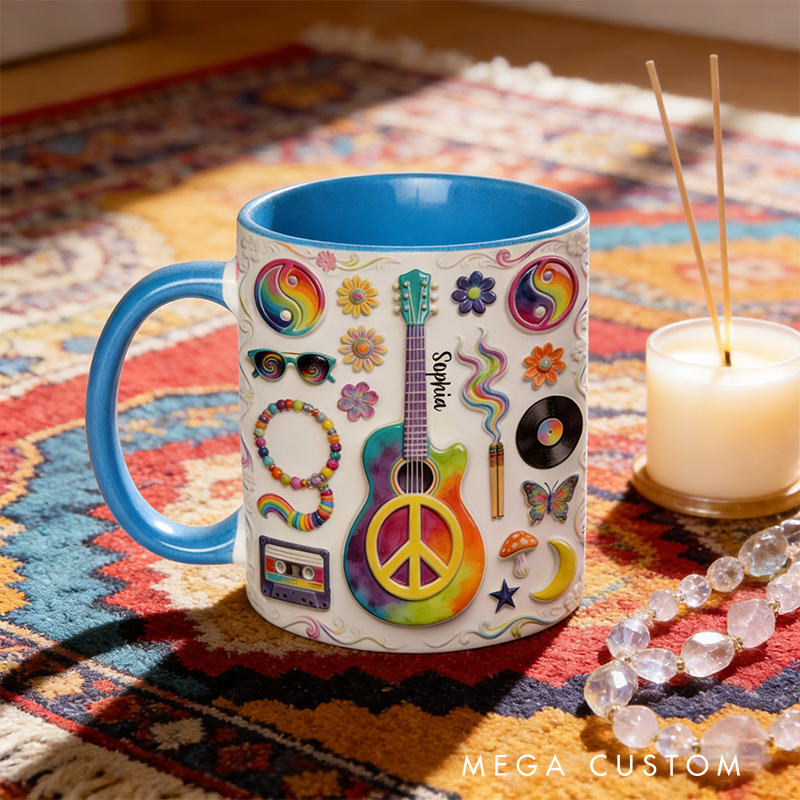 Personalized 2D Flat Hippie Love Hope Peace Guitar Mug Custom Name Colorful Hippie Car Hippie Coffee Mug Bohemian Coffee Mug