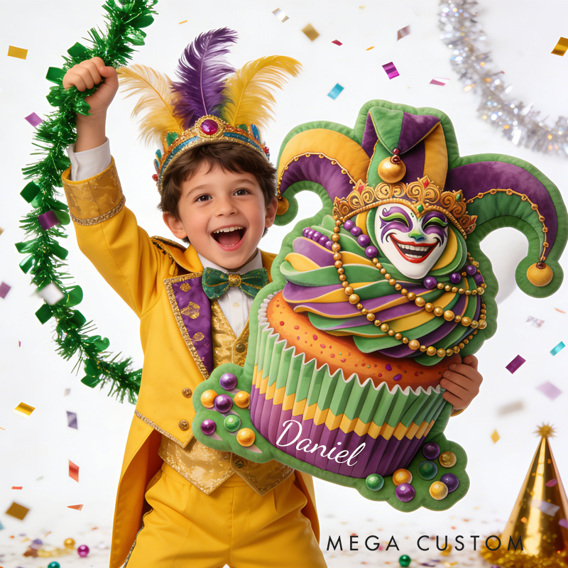 Personalized Mardi Gras Cupcake Throw Pillow Graphic 3D Print Jester Cupcake Pillow with Name Mardi Gras Gift for Girl Boy Kids Pillow Baking Lover Gifts