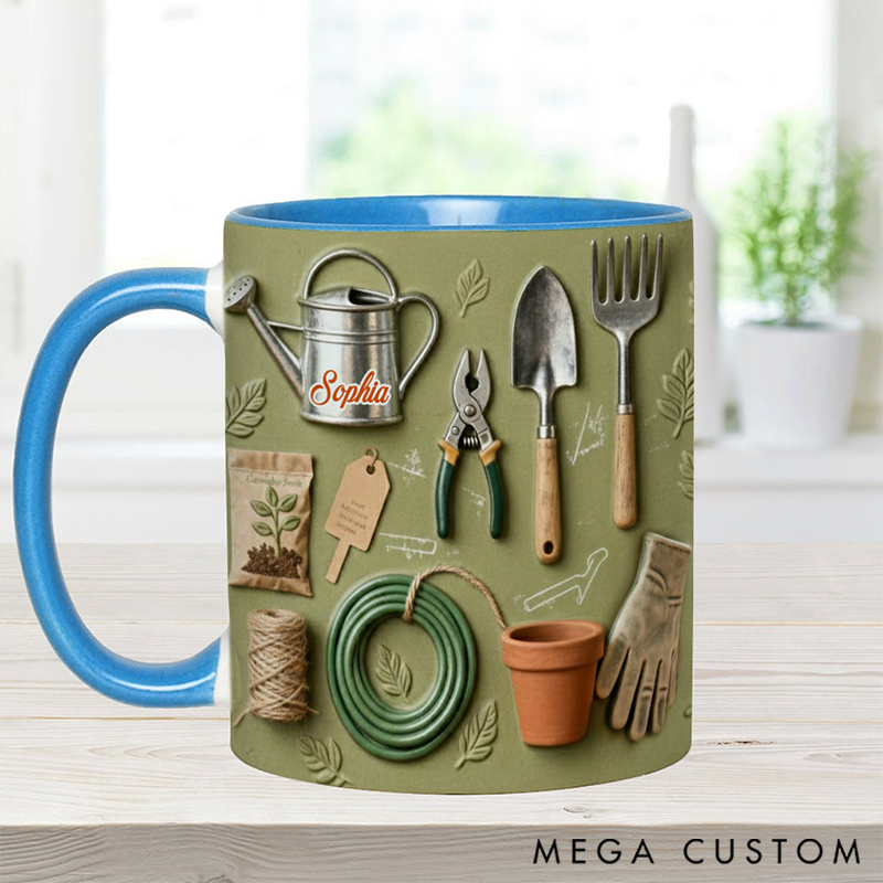 Personalized Gardening Accent Mug Adorned with 3D Tool Embellishments Custom Name Engraved Mug for Avid Garden Lovers