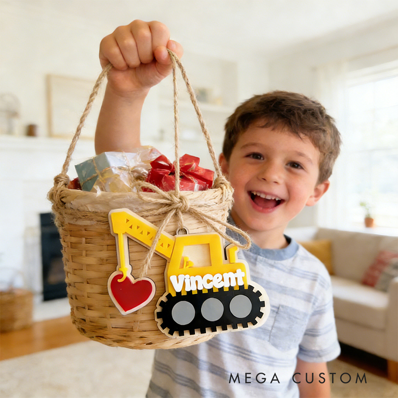 Personalized Valentine’s Excavator Basket Tag Custom Name  Acrylic Gift Decoration for Kids