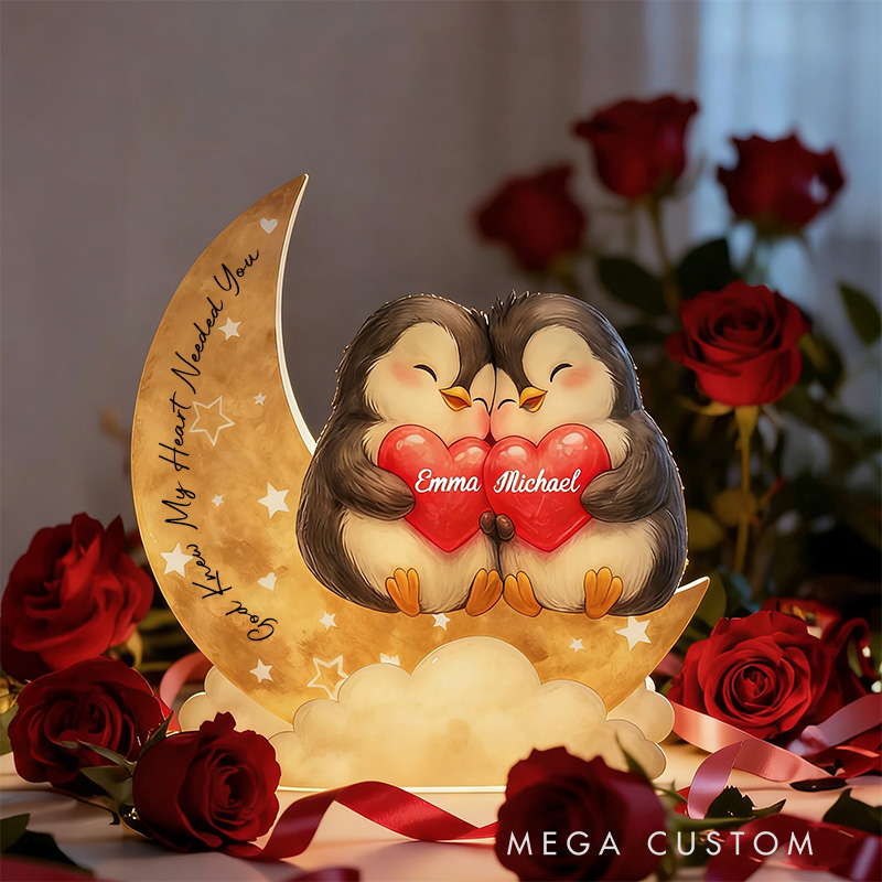 Personalized God Knew My Heart Needed You Penguin Couple Heart Star Moon Acrylic LED Night Light with Name and Text Valentine's Day Gift for Couple