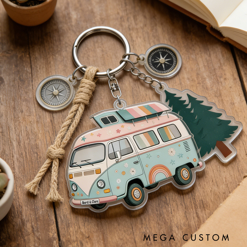 Personalized Vintage Camper Van Keychain Acrylic Camping Keychain Outdoor Adventure Gift