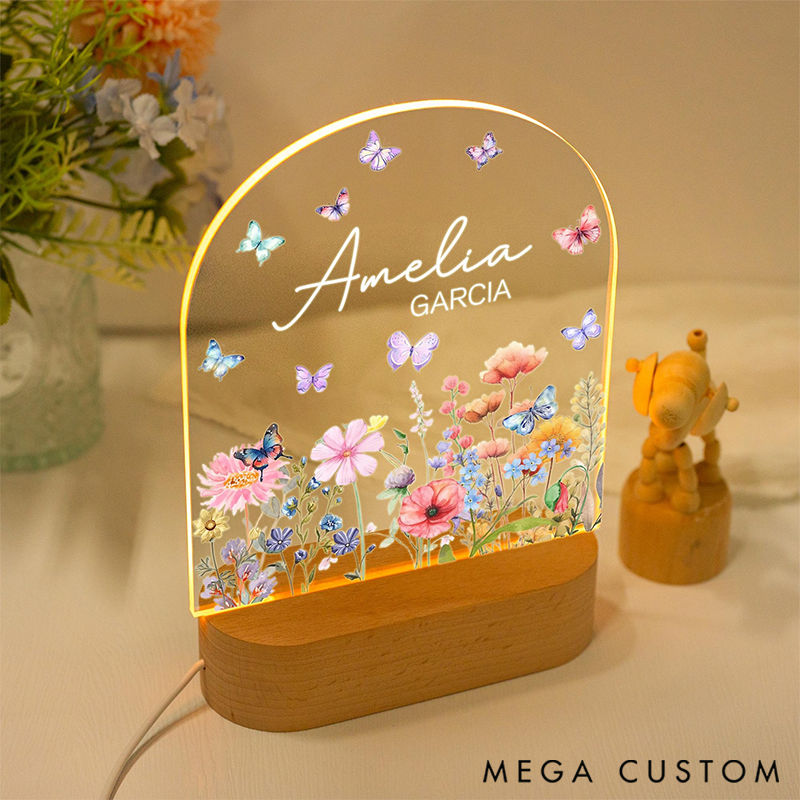 Personalized Custom Floral Butterfly Name Night Light with Name LED Light Gardening Lover Gift Garden Gift
