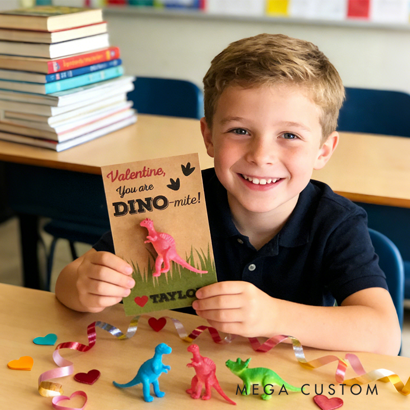 Personalized Dinosaur Valentine's Day Greeting Card with Toy Dinosaur Customizable Name and Includes a Free Dinosaur Toy for Kids