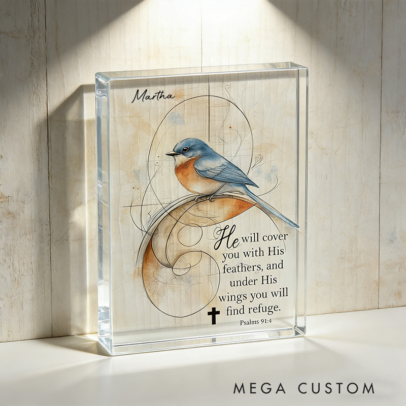 Personalized Bluebird Psalm 91:4 Acrylic Block with Custom Name Scripture Wall Art Faith Home Decor Christian Gifts for Women