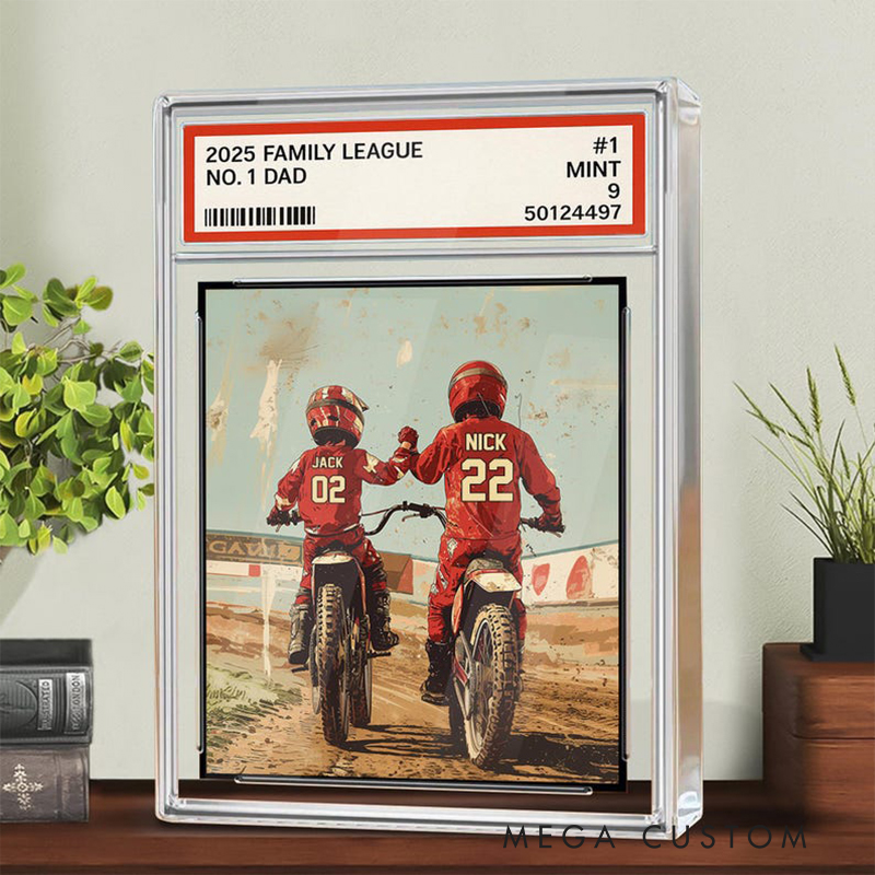 Personalized Fathers Day Gifts Custom Motocross Dad Acrylic Plaque Trading Card Style with Dad and Kids Names Motorcycle Decor
