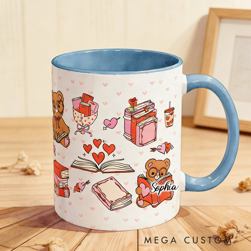 Personalized Bookish Valentines Day Mug Cute Bear Reading Mug Romantasy Book Club Gifts for Reading Lovers