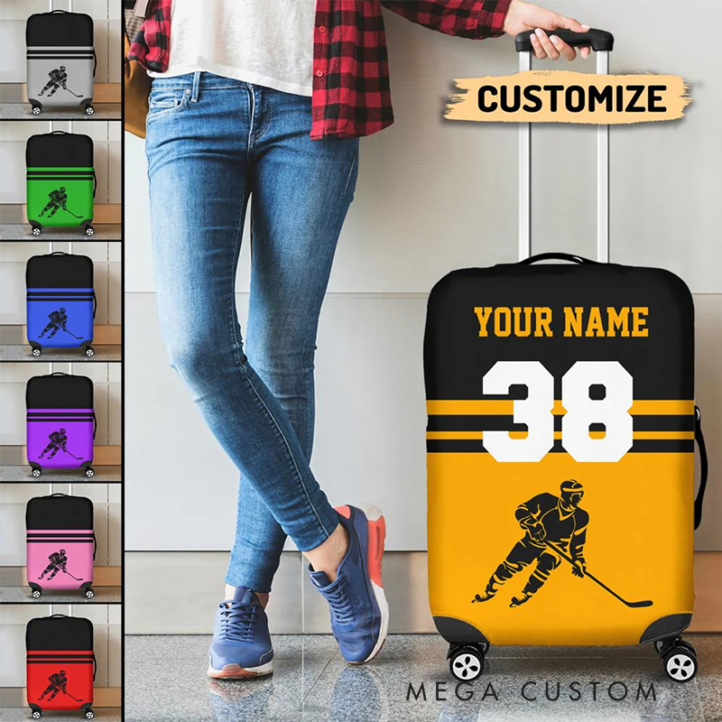 Personalized Hockey Luggage Cover with Custom Name Number and Colors for traveling and Hockey Lovers
